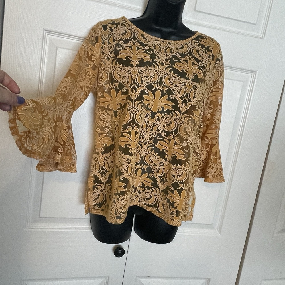 NY Collection Shirt Women Large Yellow‎ Sheer Floral Flared Sleeve Blouse Dainty
